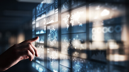 Applications icons on virtual screen, technology, development background concept.