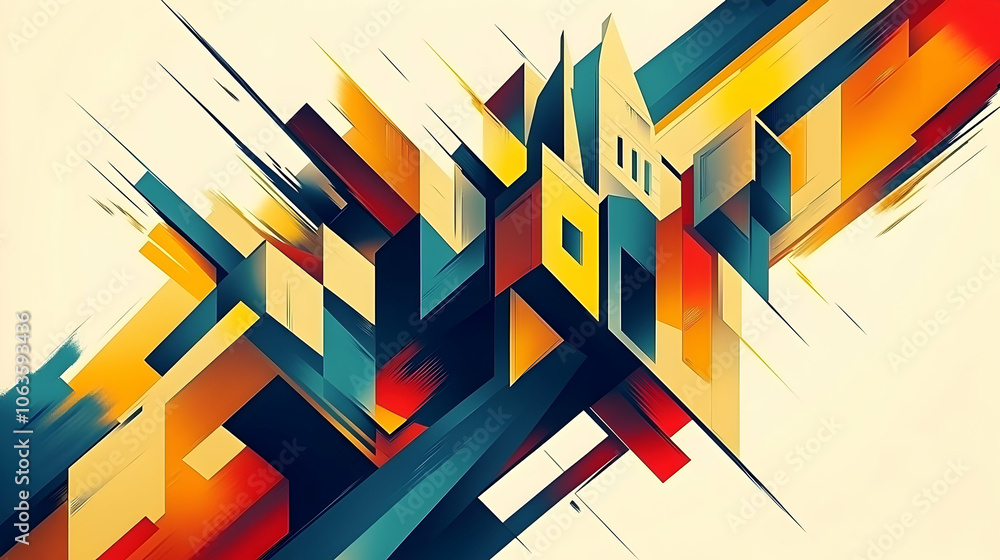 Poster abstract geometric design with vibrant colors and dynamic shapes.