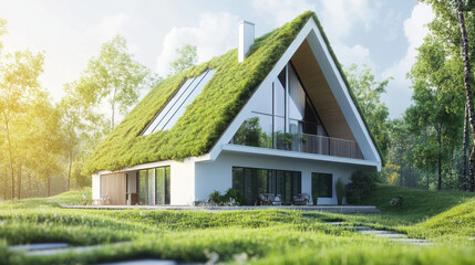 A modern eco-friendly house with a green roof, surrounded by lush greenery, blending seamlessly with nature.