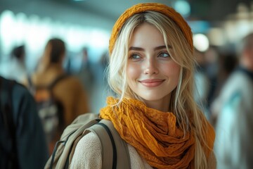 Fototapeta premium joyful travelers of diverse backgrounds interacting at a bustling airport captured in bright daylight with smiles and shared excitement offering a snapshot of global connectivity and adventure