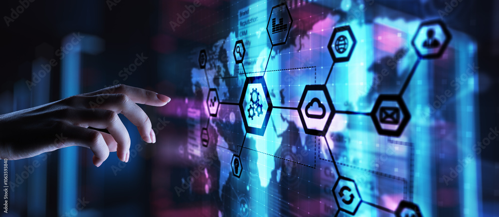 Poster automation and smart industry 4.0, internet of things, iot, gears and system structure on virtual sc