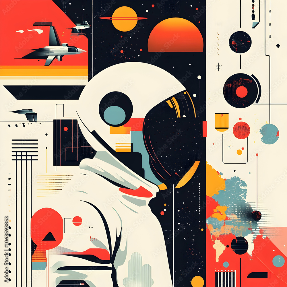 Aufkleber an astronaut in a white spacesuit stands against a vibrant background of geometric shapes and celest