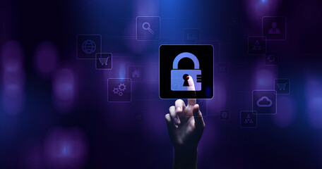 Cyber security, Personal data protection, information privacy. Padlock icon on virtual screen. Internet and technology concept.