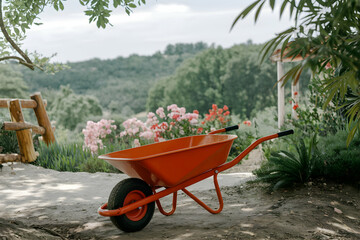 Bright orange wheelbarrow on path, surrounded by flowers and greenery.