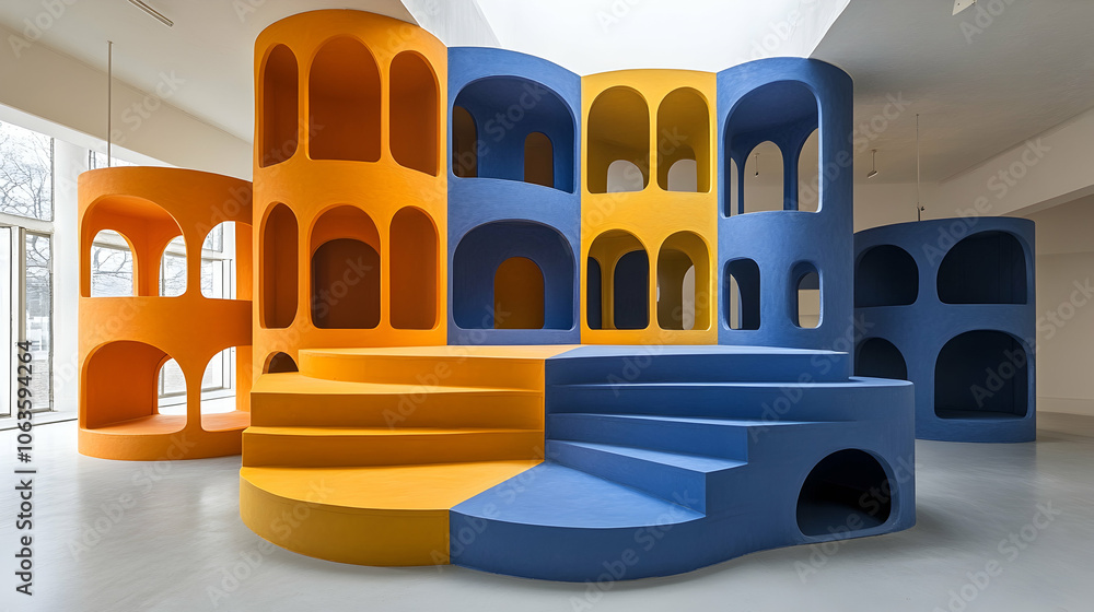Poster colorful abstract architecture with arches and steps.