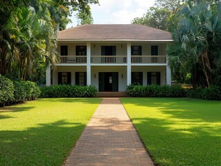 Fototapeta premium Colonialstyle house shaded by grand trees, open and airy yard, historic charm