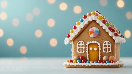 A beautifully decorated gingerbread house, adorned with colorful candies and icing against a soft, blurred blue background, evoking a festive and whimsical feeling.