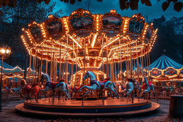 Vintage carousel illuminated at dusk in a festive amusement park