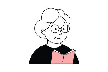 Cute Grandmother Reading Book - Adorable Cartoon Vector Icon for Education, Knowledge, and Family-Themed Illustrations