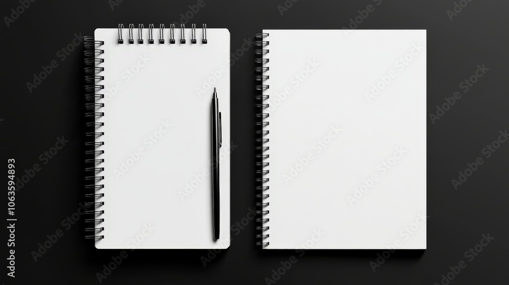Poster spiral notebooks mockup: two blank spiral notebooks with a pen, ready for your design or text. perfe
