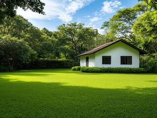 Spacious yard around a cozy cottage with grand trees, tranquil and rustic exterior