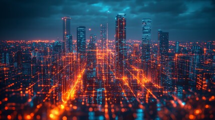 A vibrant, futuristic cityscape is depicted with bright, glowing orange network lines crisscrossing over the city, portraying advanced technology and connectivity.