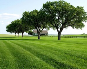 Large elm trees surrounding a rustic farmhouse, open yard, peaceful and inviting