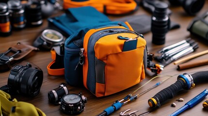 Fototapeta premium A table with various items including a camera, a watch, and a bag