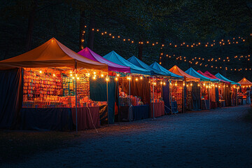 Colorful market stalls illuminated at night in a festive atmosphere