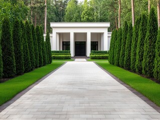 Traditional estate with tall trees lining the walkway, spacious and welcoming