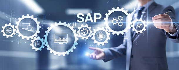 SAP software business process automation. ERP enterprise resource planning system on virtual screen.