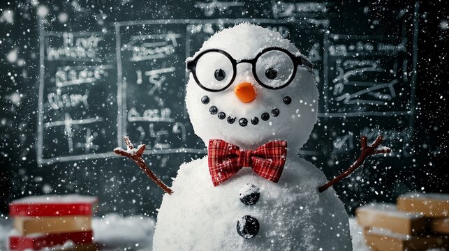 Snowman Wearing Glasses and Bow Tie in Front of Chalkboard with Math Equations in a Snowy Classroom Setting
