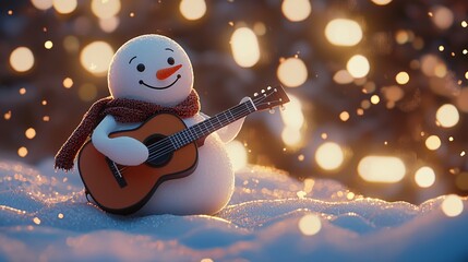 Snowman Playing Acoustic Guitar on Snowy Outdoor Stage with Draped Scarf and Subtle Lights