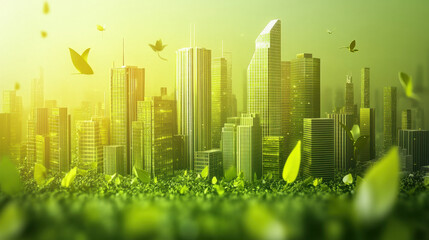 A vibrant city skyline blends with greenery, showcasing a harmonious relationship between nature and urban development.