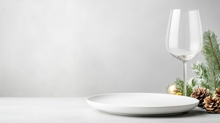 Elegant dining setup with a white plate, a transparent wine glass, pinecones, and green foliage on a subtle gray background, perfect for holiday or festive occasions.