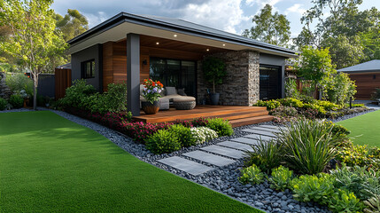 Fototapeta premium Modern Home Backyard Landscape Design - Realistic Photo
