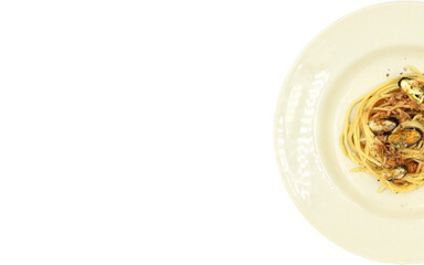 Spaghetti and clams in a plate on white background, Seafood
