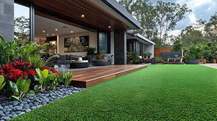 Fototapeta premium Modern House with Artificial Grass Lawn, Patio, and Garden