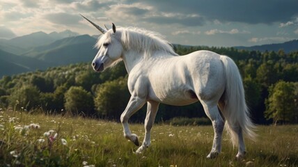 A realistic mythical unicorn grazes in a grassy field beside a barn in Canada