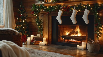 Cozy Fireplace with Stockings Hung for the Holidays, Creating a Warm and Inviting Atmosphere