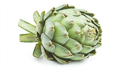 Obraz premium A vibrant green artichoke displays tightly packed leaves, highlighting its unique structure. The light enhances its natural color, emphasizing freshness