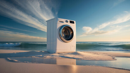 A washing machine on a sandy ocean beach.