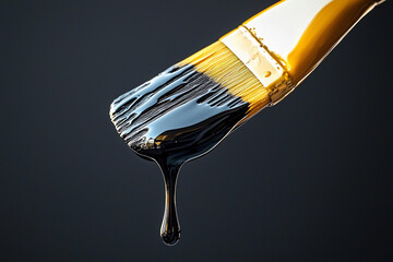 Black paint drips from a brush against a dark backdrop