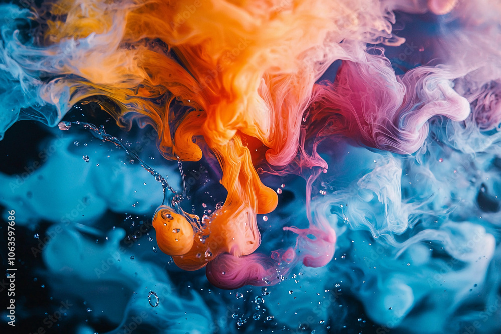 Poster colorful ink swirling in water creating abstract patterns