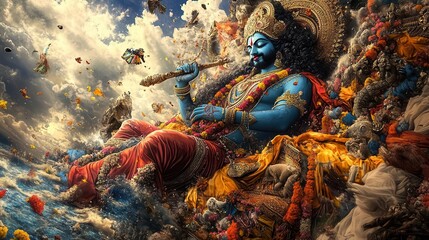 A vibrant depiction of a deity playing the flute, surrounded by colorful elements, symbolizing spirituality and harmony.