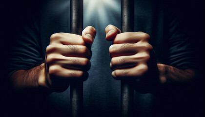Hands tightly holding onto jail bars, highlighted by a beam of light, emphasizing a theme of confinement, resilience, and hope
