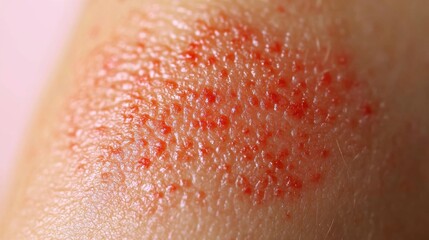 Fototapeta premium Red inflamed bumps are visible on the surface of a person's arm, suggesting an allergic reaction or skin irritation. The close-up highlights the texture and color of the skin condition.
