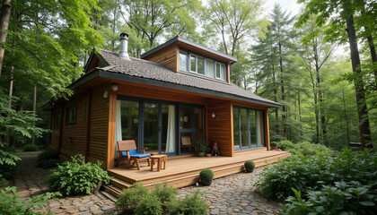 Charming wooden house surrounded by lush greenery and trees in a peaceful wooded area
