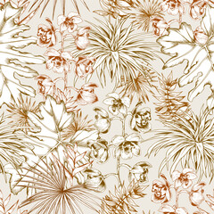 Seamless pattern with philodendron leaves and orchid flowers. Line art botanical background. Hand drawn vector illustration. © JeannaDraw
