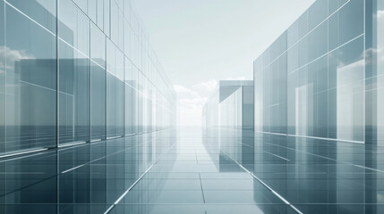 Obraz premium A futuristic, minimalist corridor made of glass panels reflects light, creating an ethereal atmosphere.