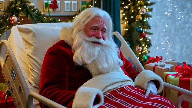Ilustraci&oacute;n de Pap&aacute; Noel en una cama de hospital, rodeado de decoraci&oacute;n navide&ntilde;a y regalos.