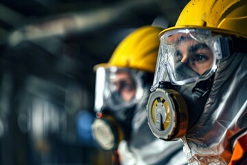 Workers in protective masks and helmets inside a factory, emphasizing safety protocols