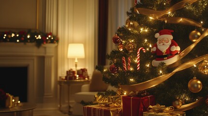 Fototapeta premium A Christmas tree decorated with classic Santa ornaments, candy canes, and gold ribbons, illuminated by soft holiday lights