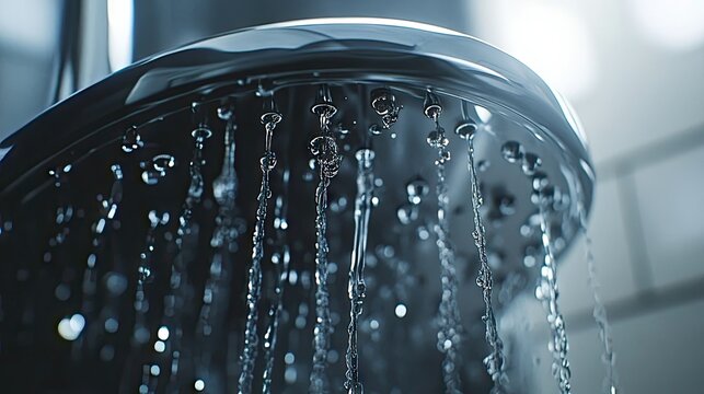A chrome shower head with water droplets in a clean, stylish bathroom, highlighting its modern design and polished metal surface
