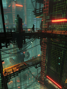 cyberpunk cityscape, create a cyberpunk cityscape reminiscent of final fantasy viis midgar industrial towers, neon lights, grids, fading patterns, shadows, neon hues, mist, machinery a gritty