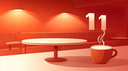A cozy coffee shop interior with a table, a cup of coffee, and a number "11" on the wall.