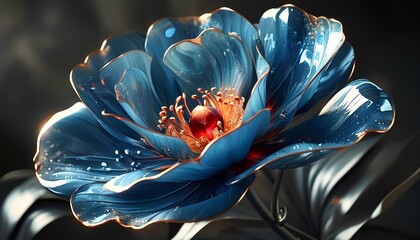 A mesmerizing blue flower, seemingly made of glass or crystal, glows with an ethereal light. 