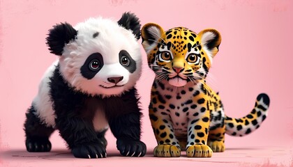 Obraz premium A heartwarming image of a panda cub and a jaguar cub, posing side-by-side. 