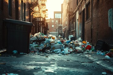 Fototapeta premium City Trash Bin Overflowing with Garbage in Alleyway