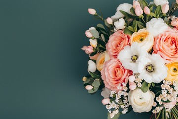 A beautiful bouquet of mixed flowers featuring roses, anemones, and delicate buds against a stylish green backdrop.